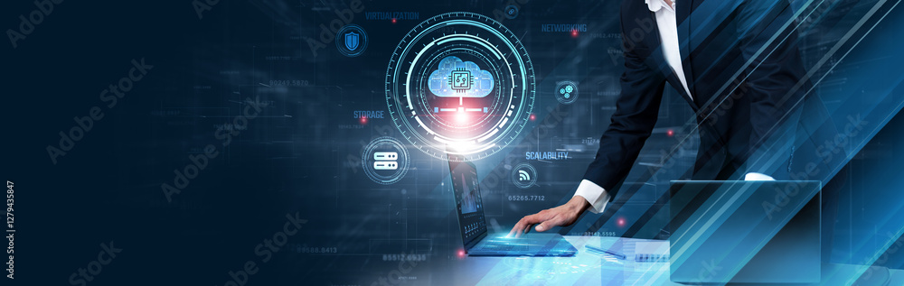 Fototapeta premium Cloud Computing: Businessman uses laptop and synchronize data of cloud storage on computer device with global network, scalability, virtualization, data security, remote access, collaboration tools.