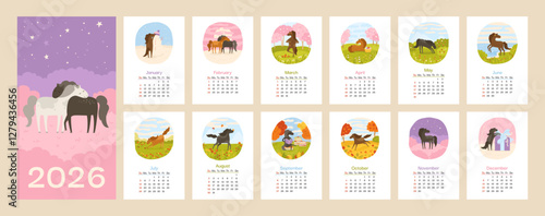 Calendar 2026 with Horse mascot vertical template. Wall calendar with mare, mustang. Set of 12 pages and cover with horses in different poses, scenes landscapes. Week starts Sunday vector illustration