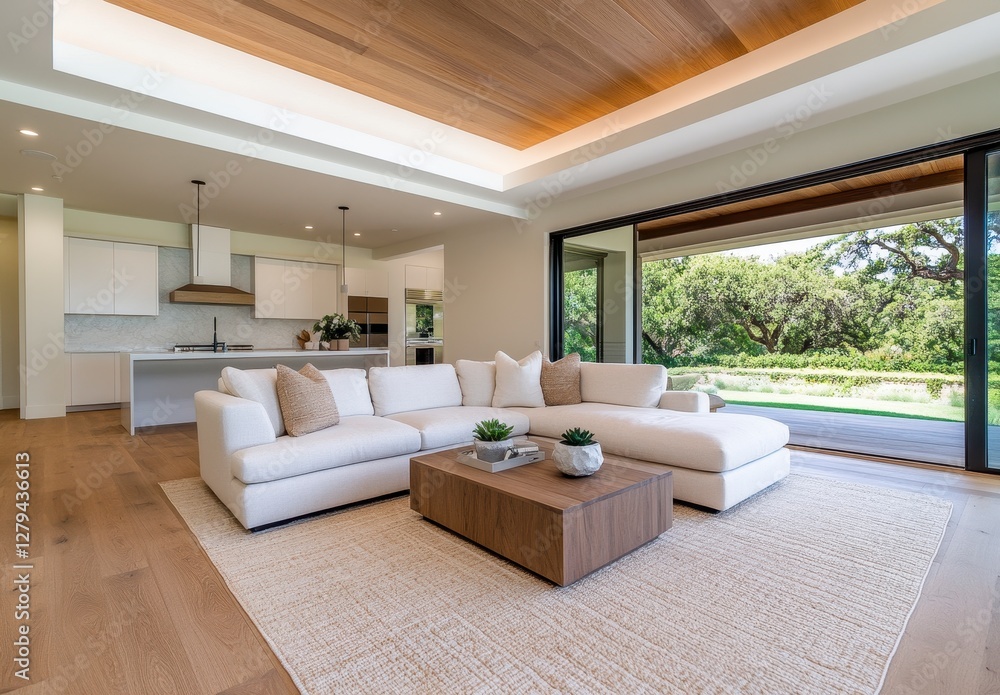 Fototapeta premium Bright Modern Living Room with Sectional Sofa and Patio Access