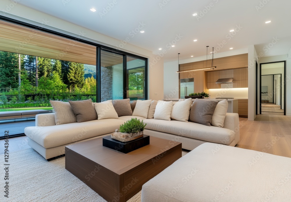 Fototapeta premium Bright Modern Living Room with Off White Sectional Sofa and Brown Coffee Table