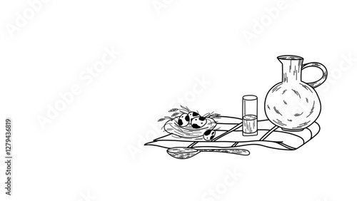 Composition with country products, clay jug and glass with milk on a checkered towel, quail eggs