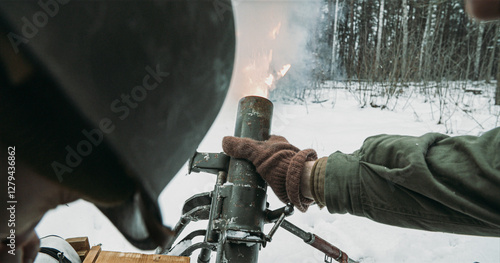 Obraz na płótnie Mortar Shooting Explosions Forest. Close-up View On Re-enactors Dressed As American Infantry Soldiers Fire From Mortar. Usa Army Soldiers Of World War Ii. Reconstruction Defense Battles. Heroes Of War w salonie