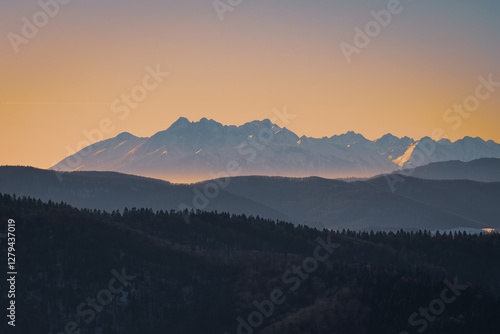 Fototapeta Naklejka Na Ścianę i Meble -  Tatra Mountains, Poland. Panorama of a mountain landscape. View from Jaworze. Sunset over the mountains