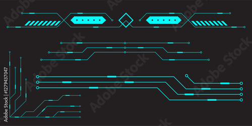 HUD digital futuristic user interface horizontal frame. Sci Fi high tech screen. Cyberpunk game menu touching monitoring hologram dashboard panel. Cyberspace head-up display information vector border