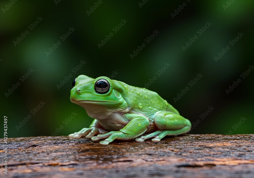 Green frog on tree branch with vibrant color and shiny skin, set against blurred green foliage background Green frog on tree branch with vibrant color and shiny skin, set against blurred green foliage background