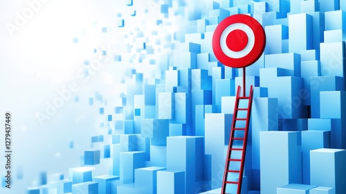 A red target symbol atop a blue geometric landscape with a ladder leading up, symbolizing goals