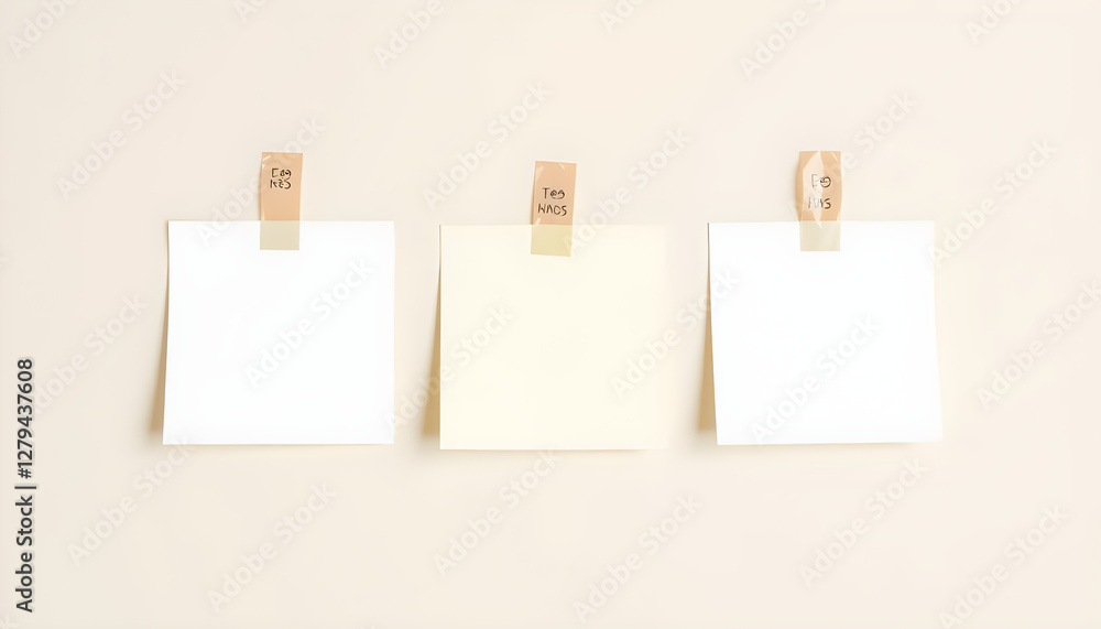 Three blank sticky notes taped to a neutral wall for reminders or workflow organization Three blank sticky notes taped to a neutral wall for reminders or workflow organization
