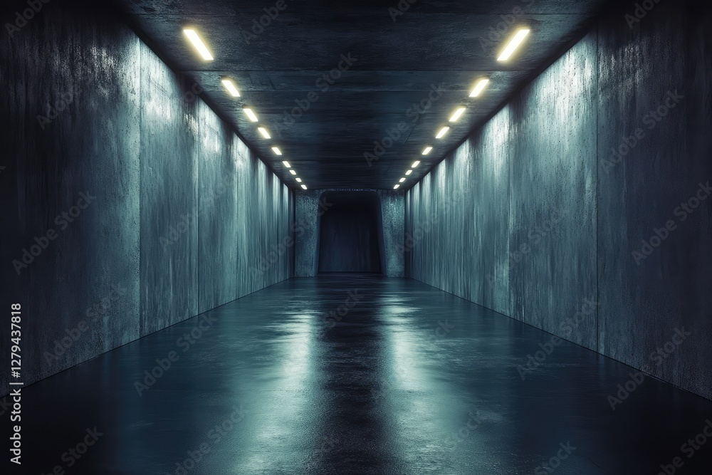 Illuminated tunnel entrance in spacious dark hall with lights and copyspace. AI generated illustration. Illuminated tunnel entrance in spacious dark hall with lights and copyspace. AI generated illustration.