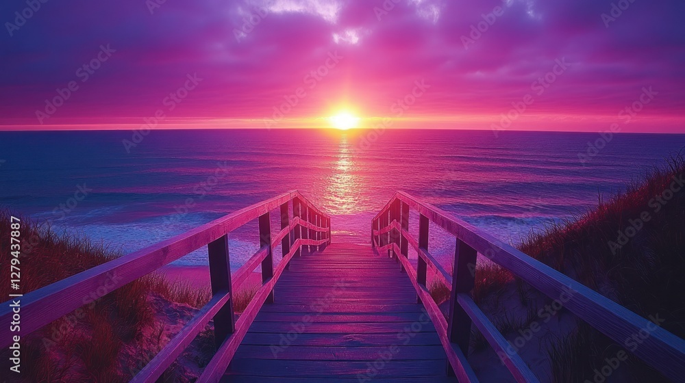 Fototapeta premium Beach sunset boardwalk ocean path vibrant sky