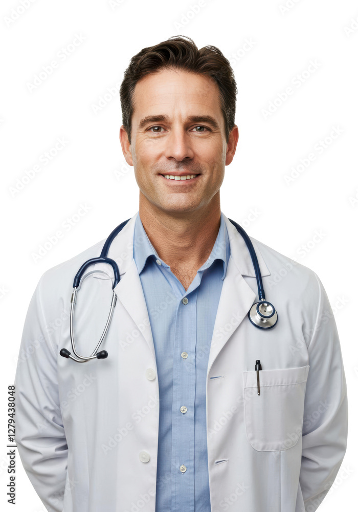 Male healthcare professional with a friendly smile, dressed in a lab coat and a blue shirt, ready to provide medical care and support without any distractions Male healthcare professional with a friendly smile, dressed in a lab coat and a blue shirt, ready to provide medical care and support without any distractions