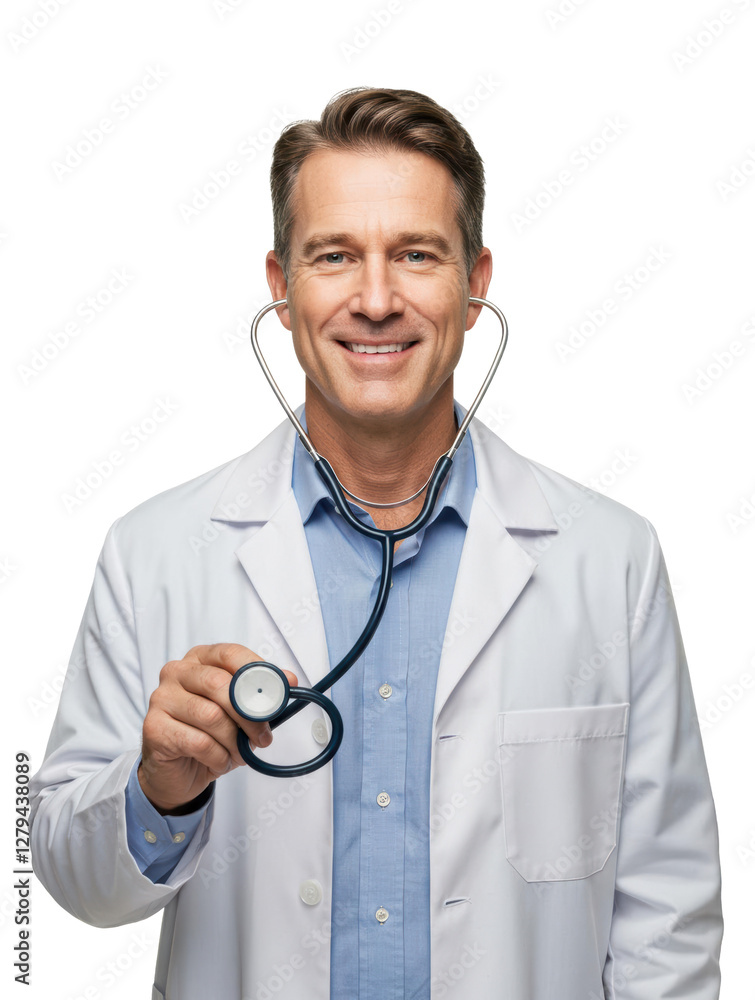 Male healthcare professional with a friendly expression is holding a stethoscope. He is wearing a white coat over a light blue shirt, radiating confidence and approachability Male healthcare professional with a friendly expression is holding a stethoscope. He is wearing a white coat over a light blue shirt, radiating confidence and approachability