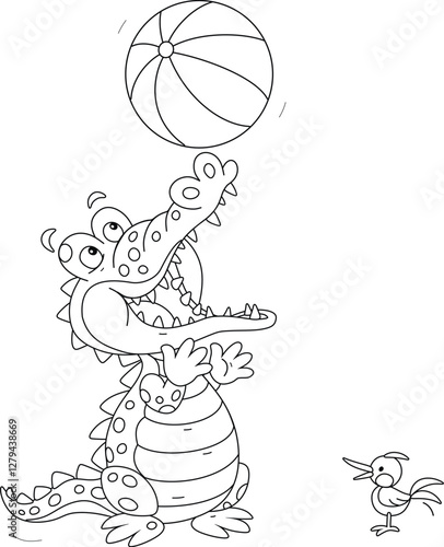Funny crocodile merrily playing and juggling a big striped beach ball, color and black and white vector cartoon illustrations