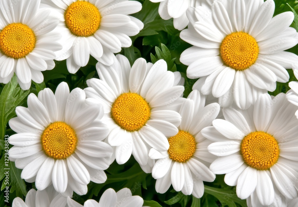 Fototapeta premium Close Up of White Daisies with Yellow Centers and Green Leaves