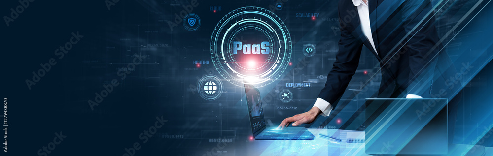 Fototapeta premium PaaS: Businessman uses laptop and synchronize data of platform services on computer device with global network, cloud computing, scalability, application development, system integration