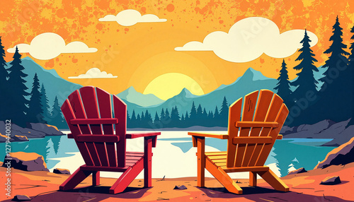 Vibrant Adirondack chairs by serene lake at sunset, relaxation concept