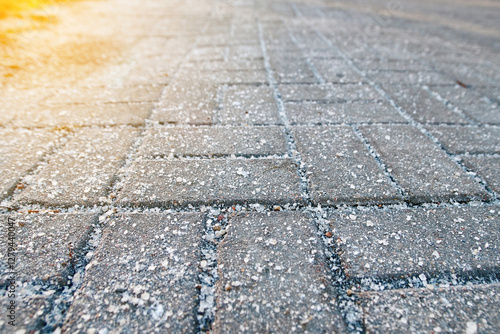 Photography Sidewalk covered with de-icing salt during winter, harmful effects of uncontrolled use on health, environment, and urban surfaces