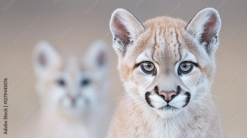 Obraz premium Close-up of a baby cougar with a blurred background of another cougar. Possible use in wildlife photography stock