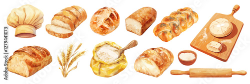 bread watercolor set. bakery flour products, wheat bakery rolling pin flour dough food chef hat wooden board vector illustration