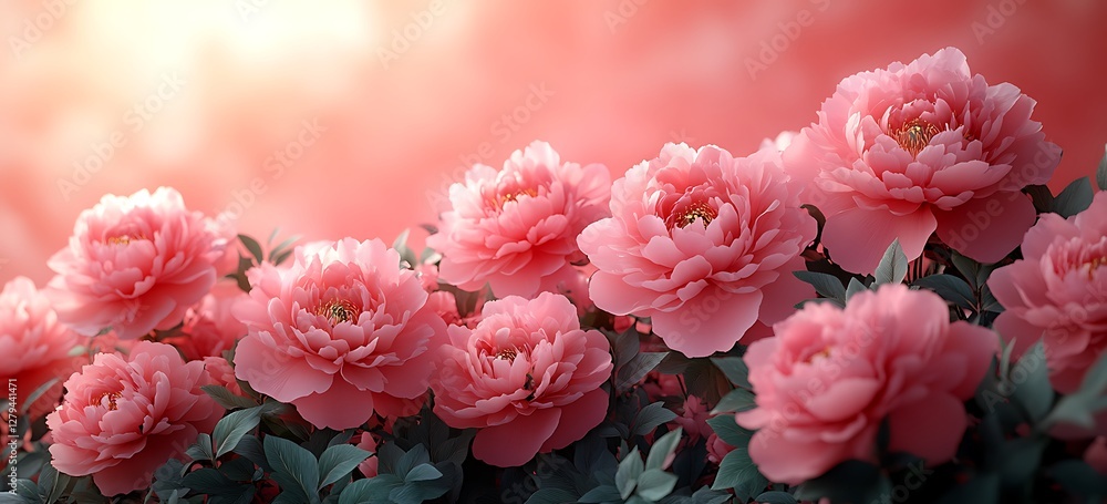  Blooming Pink Roses with Lush Green Foliage Against a Warm Background