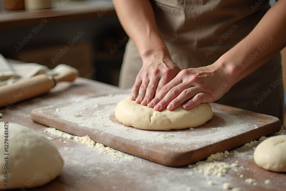 A skilled baker's hands kneading soft, elastic dough on a well-worn wooden surface, surrounded by baking essentials—flour-dusted countertop, rolling pin, and a linen cloth. The image captures the dedi