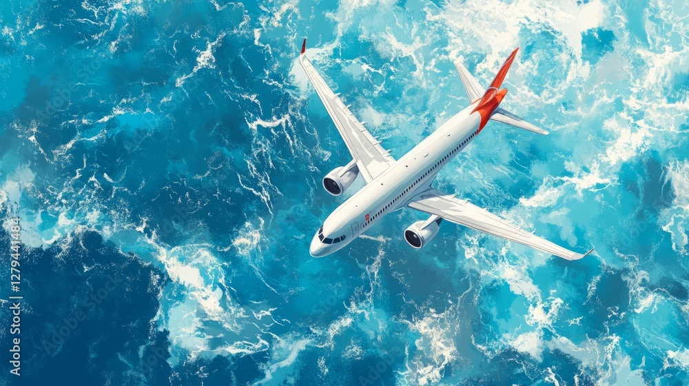 Fototapeta premium Plane flying high above, viewed from above, clean vector style, dynamic travel concept in blue skies