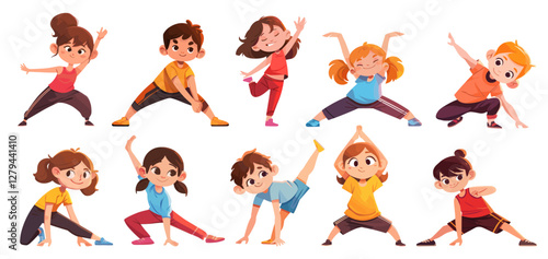 children doing exercises cartoon. child warming up, girl boy warm-up exercise stretching gymnastics sport fitness school physical education vector illustration