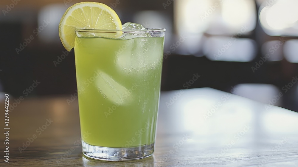 Refreshing Green Citrus Drink with Ice and Lemon Slice in Glass Refreshing Green Citrus Drink with Ice and Lemon Slice in Glass