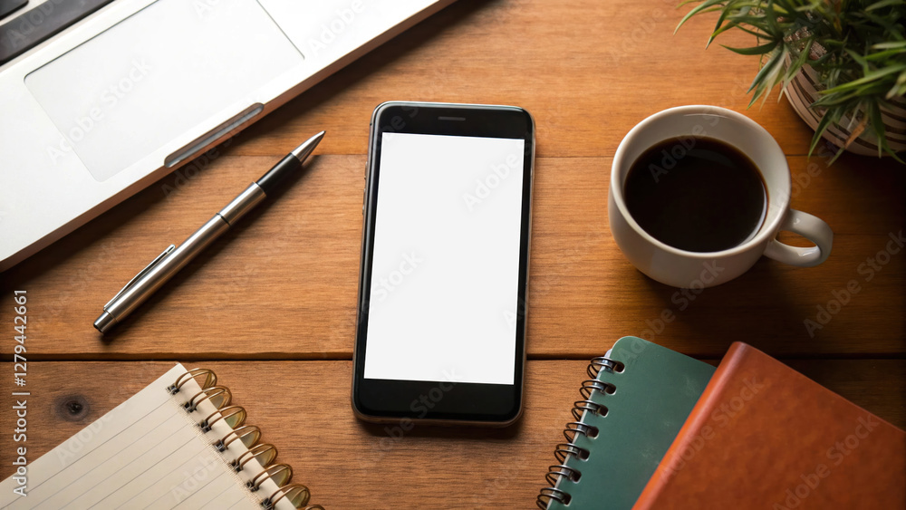 digital marketing advertising metrics smartphone on wooden desk with coffee cup, notebook, and laptop digital marketing advertising metrics smartphone on wooden desk with coffee cup, notebook, and laptop