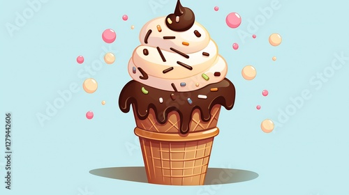 Cute Cartoon Ice Cream Cone with Chocolate Drizzle and bubbles photo