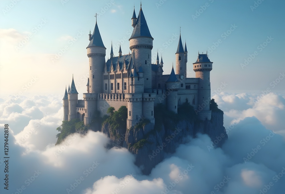 Majestic Floating Castle Among Clouds with Scratch-Textured Stone Towers Majestic Floating Castle Among Clouds with Scratch-Textured Stone Towers