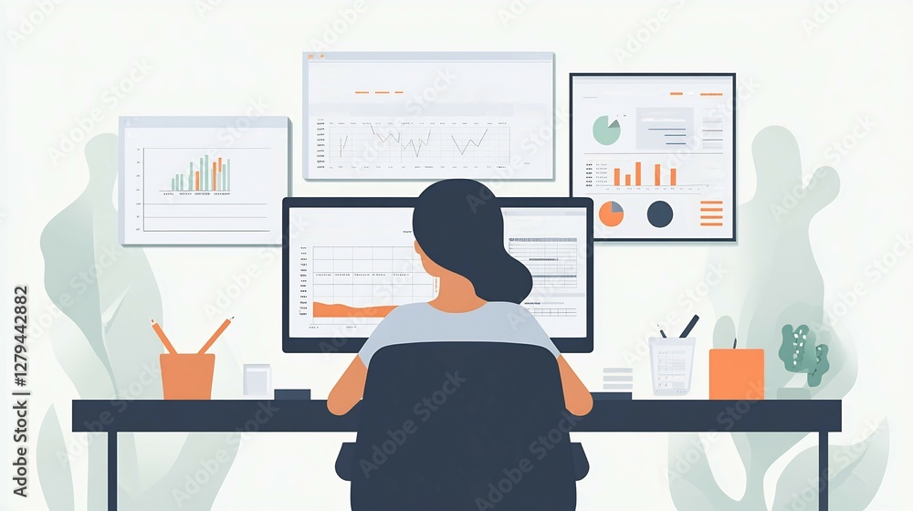 Serene workspace for a digital content strategist featuring sharp focus on SEO analytics dashboards editorial calendars and keyword research tools while the strategist remains softly blurred Serene workspace for a digital content strategist featuring sharp focus on SEO analytics dashboards editorial calendars and keyword research tools while the strategist remains softly blurred