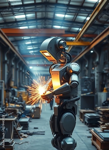 an image of a robot welding metal in a factory, there is a robot that is welding something in a factory photo