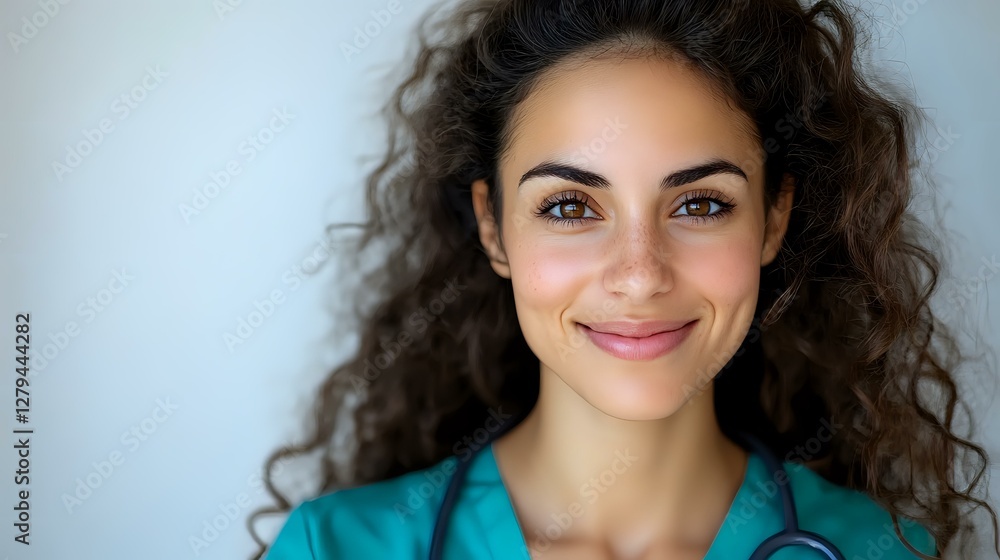 Young Hispanic female healthcare worker with curly dark hair wearing turquoise scrubs smiling warmly at camera against light background. Professional medical portrait. Young Hispanic female healthcare worker with curly dark hair wearing turquoise scrubs smiling warmly at camera against light background. Professional medical portrait.
