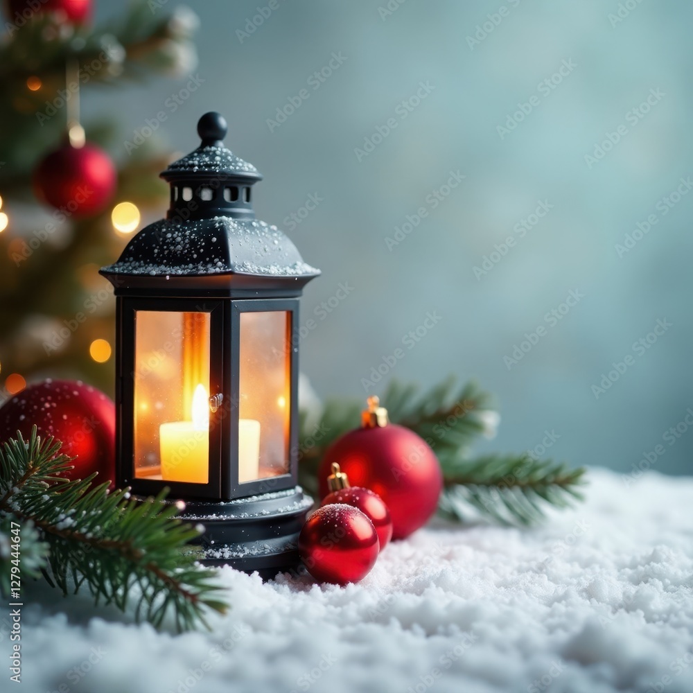 A glowing Christmas lantern sits on a snowy white table, surrounded by fir branches and ornaments , magical, snowy scene A glowing Christmas lantern sits on a snowy white table, surrounded by fir branches and ornaments , magical, snowy scene