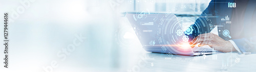 IOB(Internet of Behaviors): Businessman uses laptop to analyze and develop various information about user behavior on future virtual interface. Data insights, behavioral analytics, predictive modeling