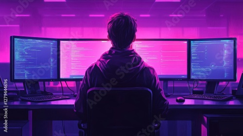 Futuristic Programmer Working at Dual Monitors in Neon Environment