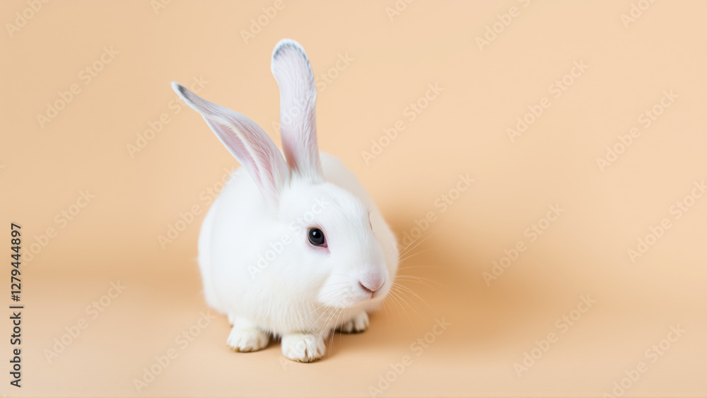 Obraz premium Cute white bunny on isolated peach background colors