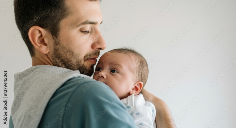 Caucasian male adult gently holding infant baby with love and care Caucasian male adult gently holding infant baby with love and care