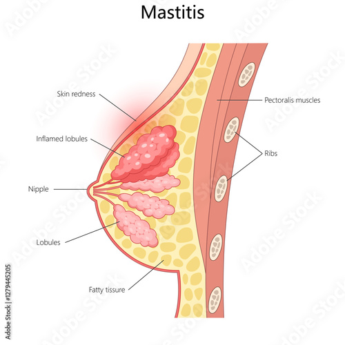 mastitis, highlighting inflamed breast lobules, skin redness, and fatty tissue, commonly affecting breastfeeding women diagram hand drawn vector illustration. Medical science educational illustration