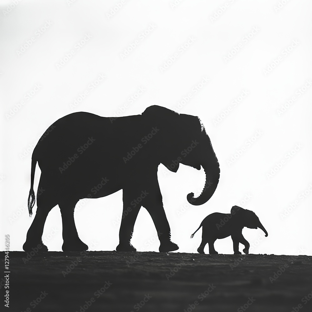 Fototapeta premium Elephant mother and calf walking together in silhouette against white sky.