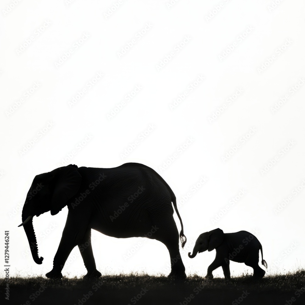 Fototapeta premium Elephant Family Silhouette: Mother and calf walking in the African savanna