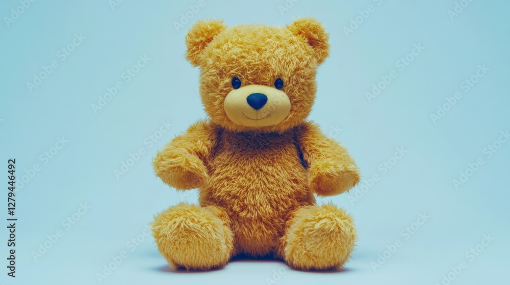 Obraz premium Adorable plush teddy bear sitting against a soft blue background, evoking warmth and nostalgia