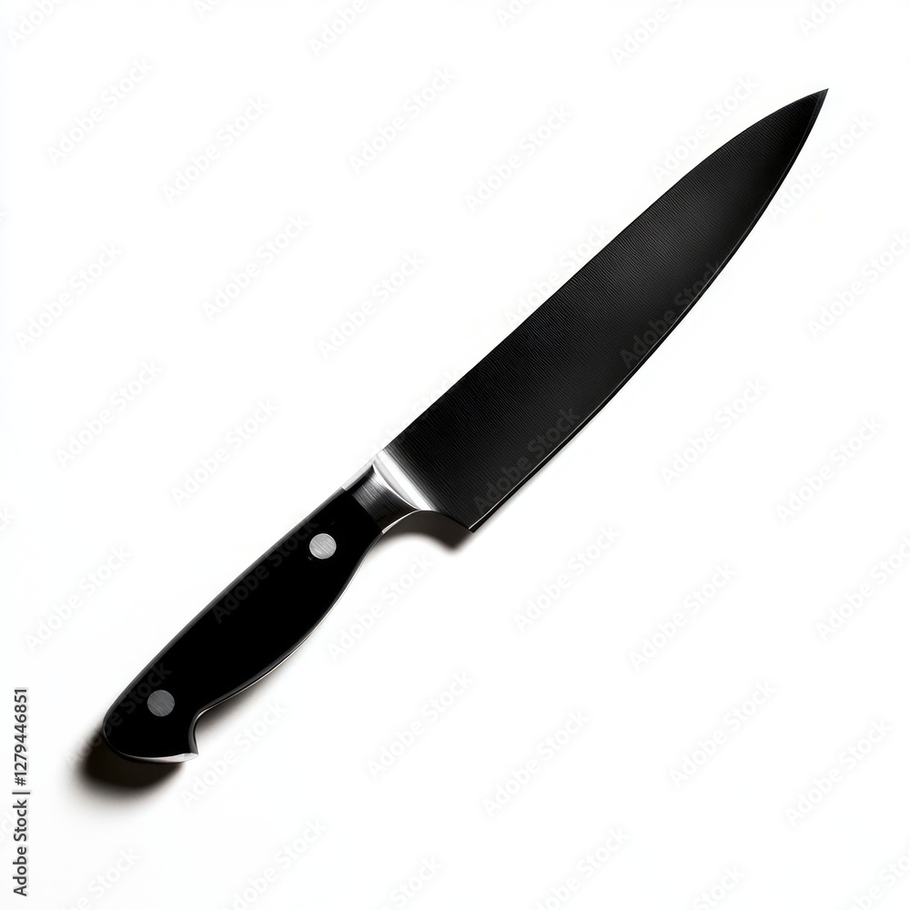 Sharp black handled kitchen knife on white surface. Cooking preparation tool. Sharp black handled kitchen knife on white surface. Cooking preparation tool.