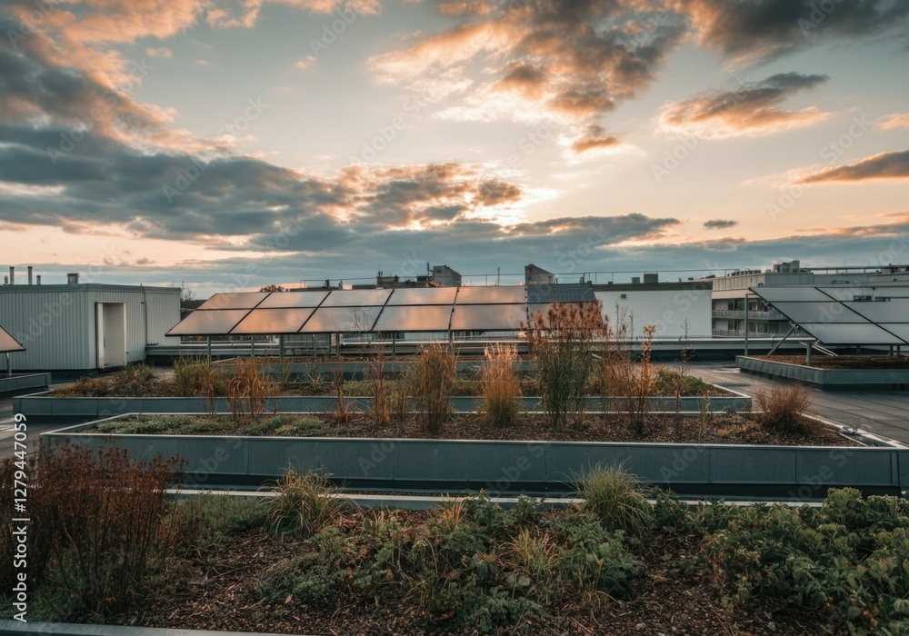 Obraz premium Sustainable urban rooftop garden with solar panels at sunset