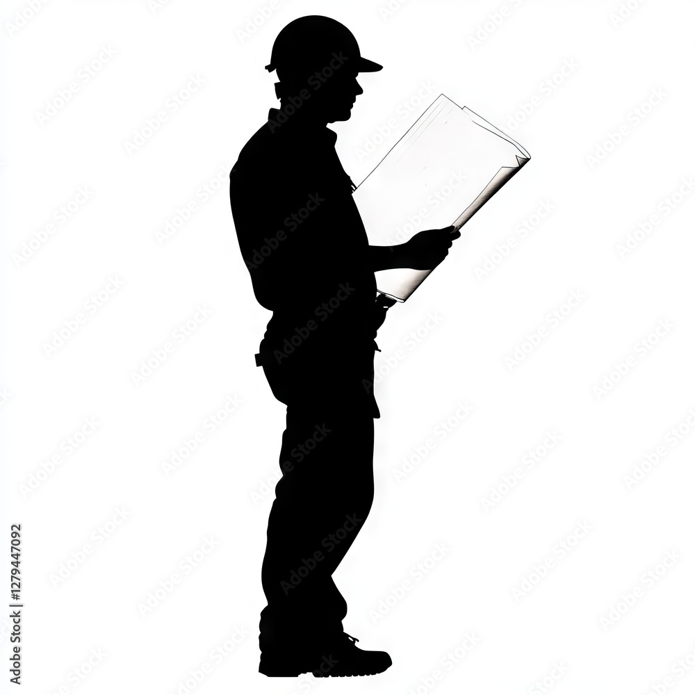 Silhouette of engineer inspecting plans, wearing construction worker helmet. Silhouette of engineer inspecting plans, wearing construction worker helmet.