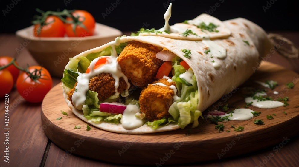 Crispy Chicken Wrap with Fresh Vegetables and Drizzled Sauce Crispy Chicken Wrap with Fresh Vegetables and Drizzled Sauce