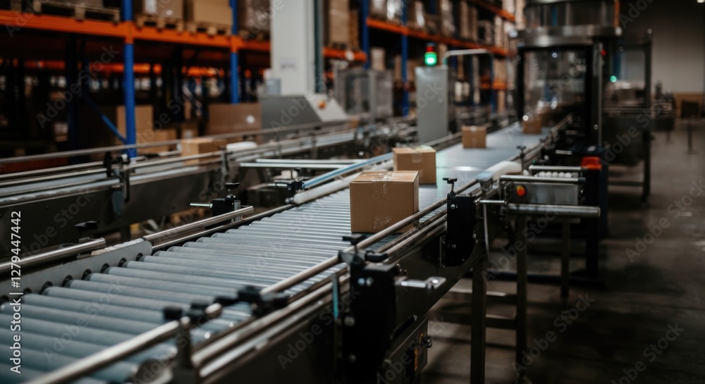 Conveyor belt system in warehouse with moving boxes Conveyor belt system in warehouse with moving boxes