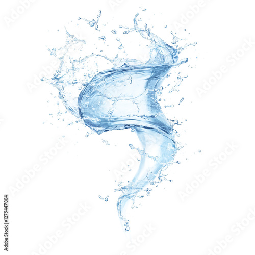 Blue water tornado splash isolated on white background, dynamic swirling liquid shape, realistic 3D fluid motion for design, advertising, and digital artwork.