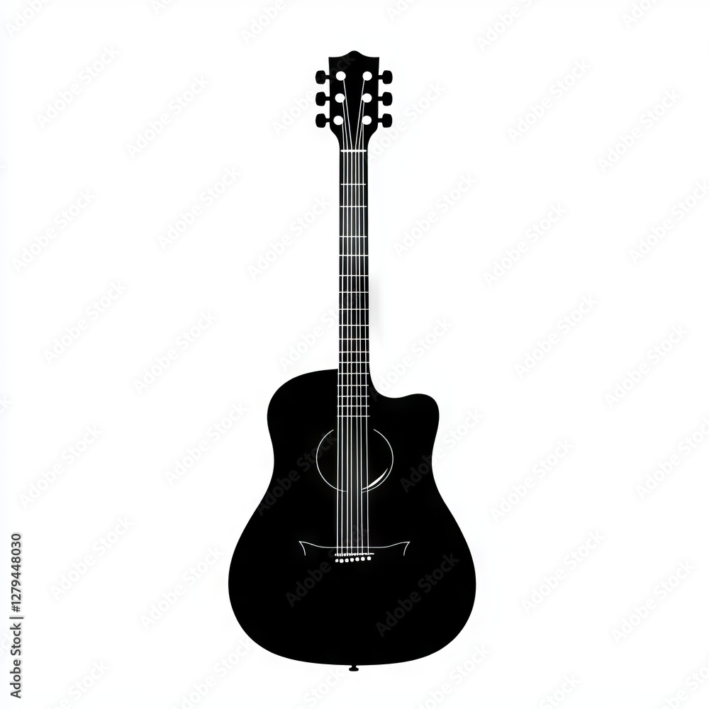 Obraz premium Sleek black acoustic guitar silhouette against a stark white background.