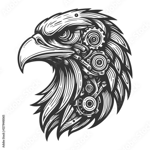 cybernetic robotic eagle head, intricate mechanical details in a sci-fi and steampunk aesthetic sketch engraving generative ai vector illustration. Scratch board imitation. Black and white image.